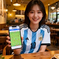 一位年轻女性球迷的正面头像，她穿着阿根廷国家队球衣，手持手机展示星空体育APP的战术分析页面，背景是咖啡馆的温馨环境